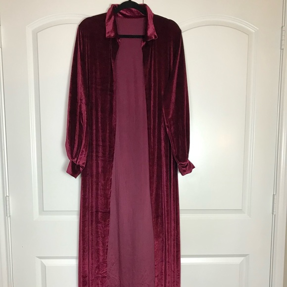 Sweaters - Boho Maroon Red Velvet long Duster Cardigan with collar size 2X